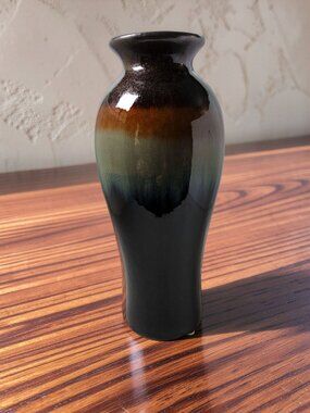 Vintage Ceramic Bud Vase Drip Glaze Shades of Dark Brown, Mustard Yellow, Sea Fo